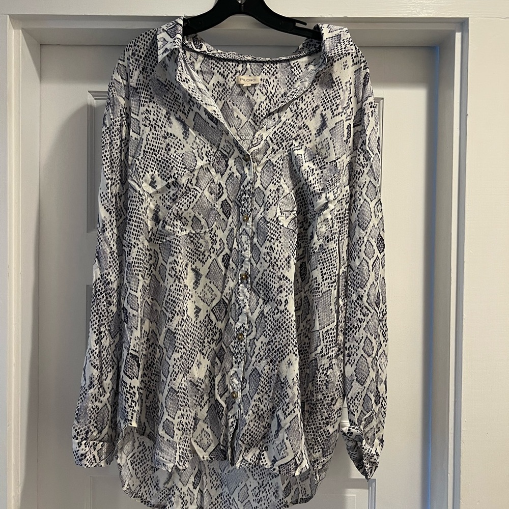 Pilcro Black and White Snake Print Button Down Shirt